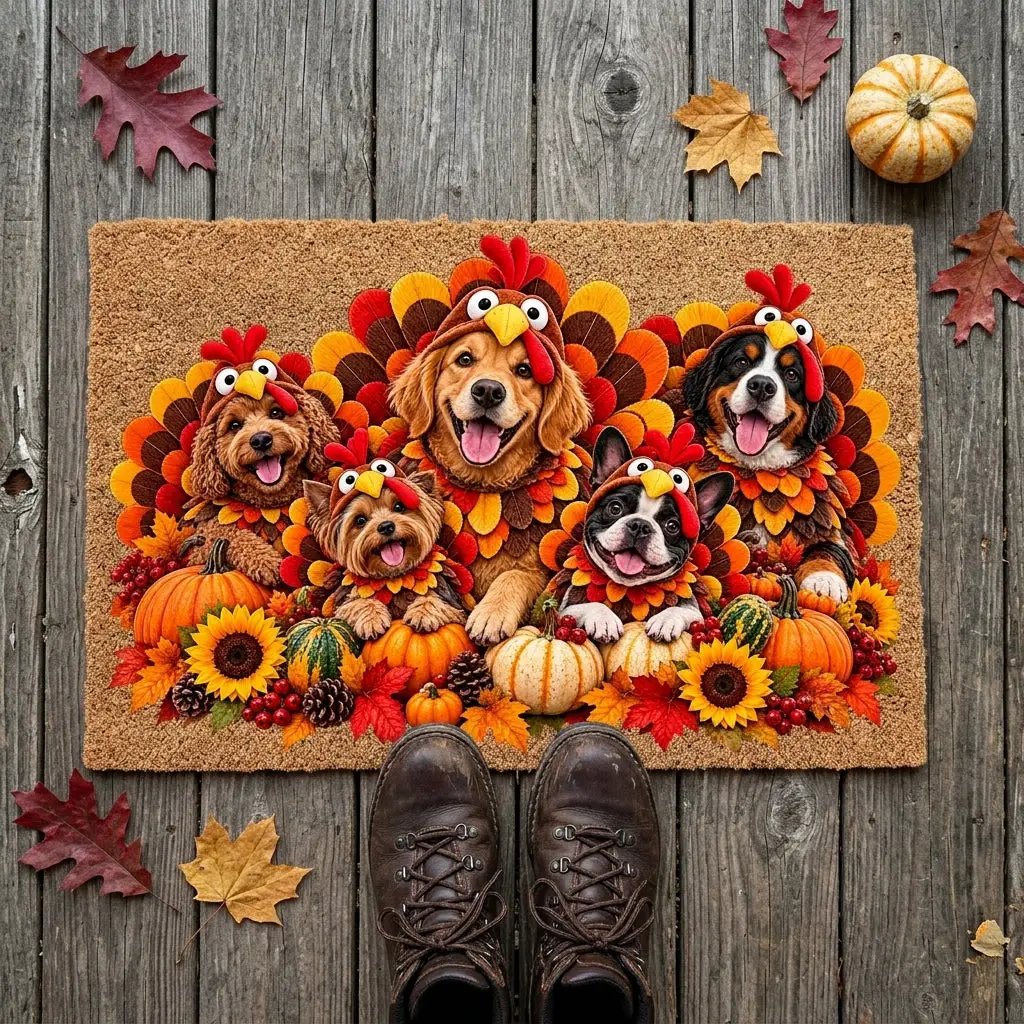 Thanksgiving Dog Doormat, Dogs in Turkey Costumes Coir Mat, Funny Fall Welcome Mat, Dog Lover Gift, Thanksgiving Porch Decor