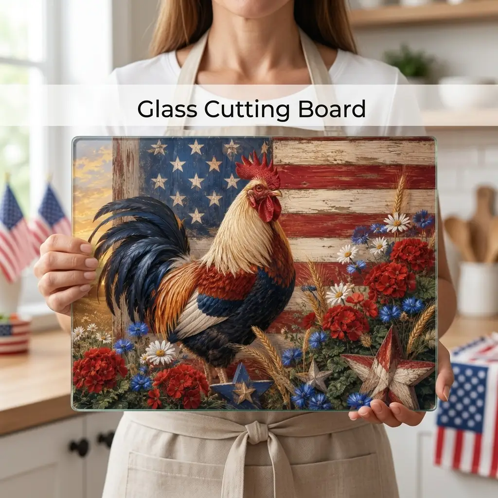 Patriotic Rooster Cutting Board, American Flag Glass Cutting Board, Farmhouse Kitchen Decor, Americana Rooster Gift, Country Kitchen