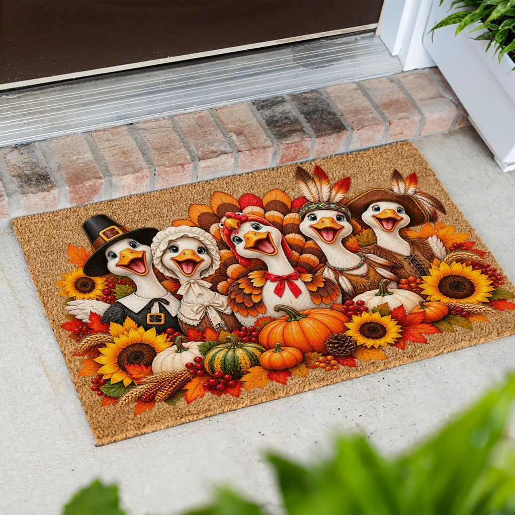 Thanksgiving Goose Doormat, Pilgrim Geese Welcome Mat, Funny Thanksgiving Porch Decor, Fall Coir Doormat, Harvest Front Door Mat