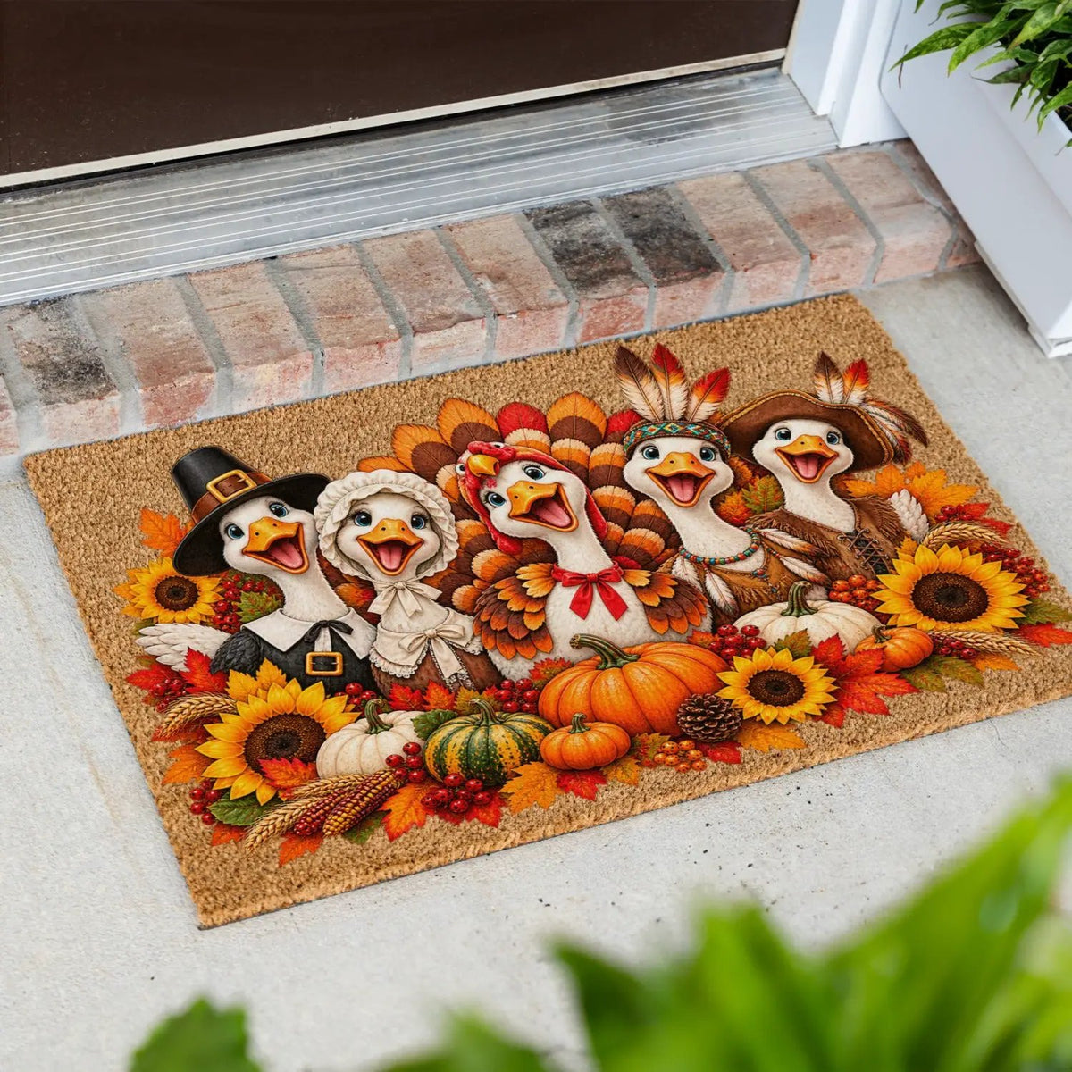 Thanksgiving Goose Doormat, Pilgrim Geese Welcome Mat, Funny Thanksgiving Porch Decor, Fall Coir Doormat, Harvest Front Door Mat