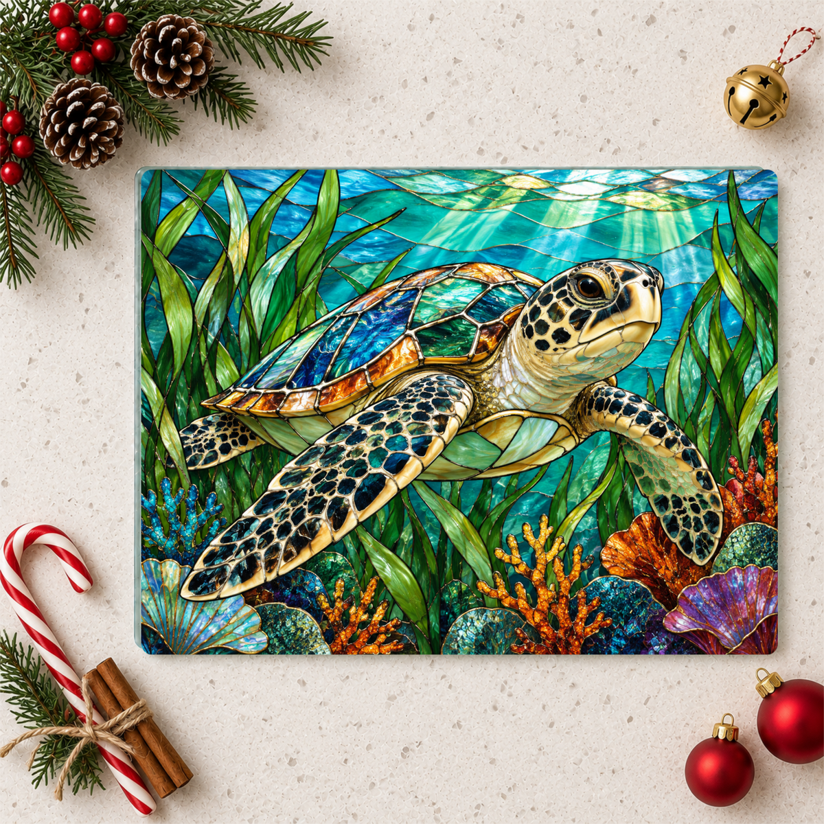 Sea Turtle Glass Cutting Board, Ocean Kitchen Decor, Marine Life Chopping Board, Coastal Cooking Gift, Underwater Turtle Artwork, Coral Reef