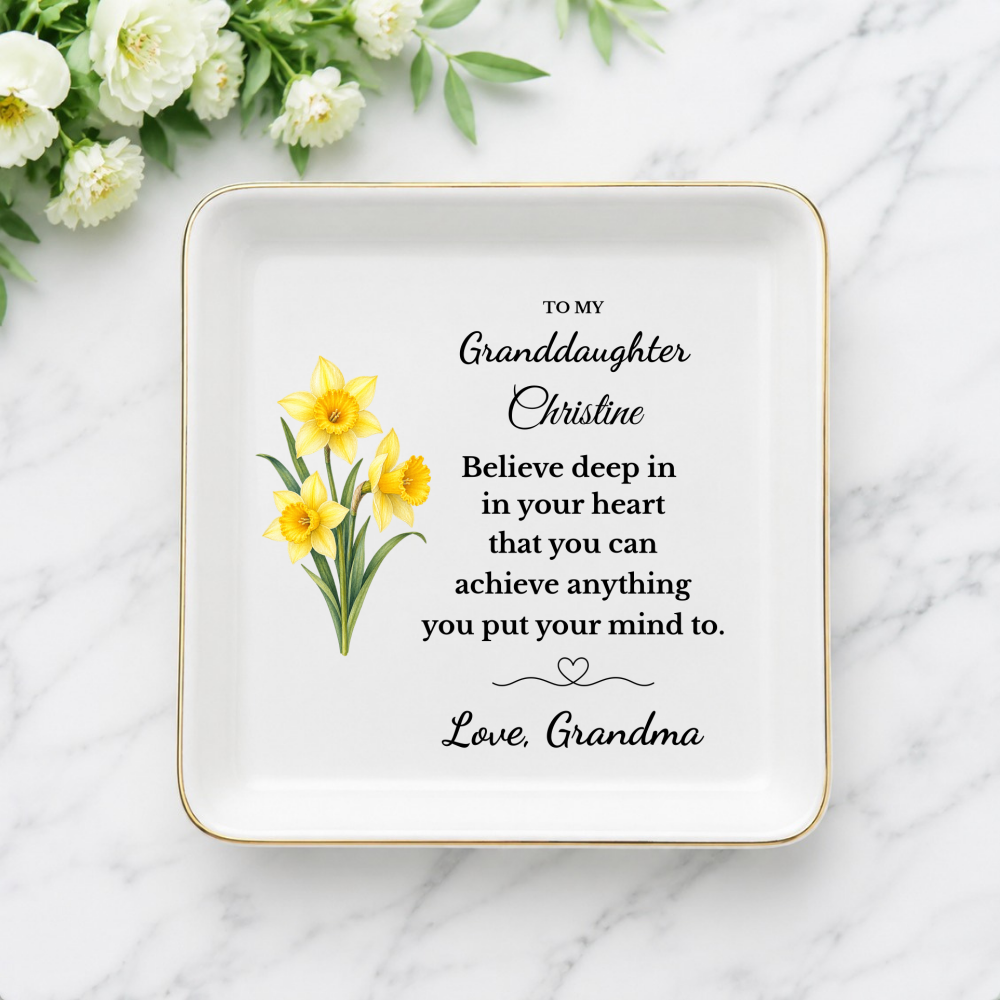 Personalized Daughter/ Granddaughter Jewelry Dish, Birth Flower Trinket Tray, Custom Name Inspirational Ceramic Ring Dish