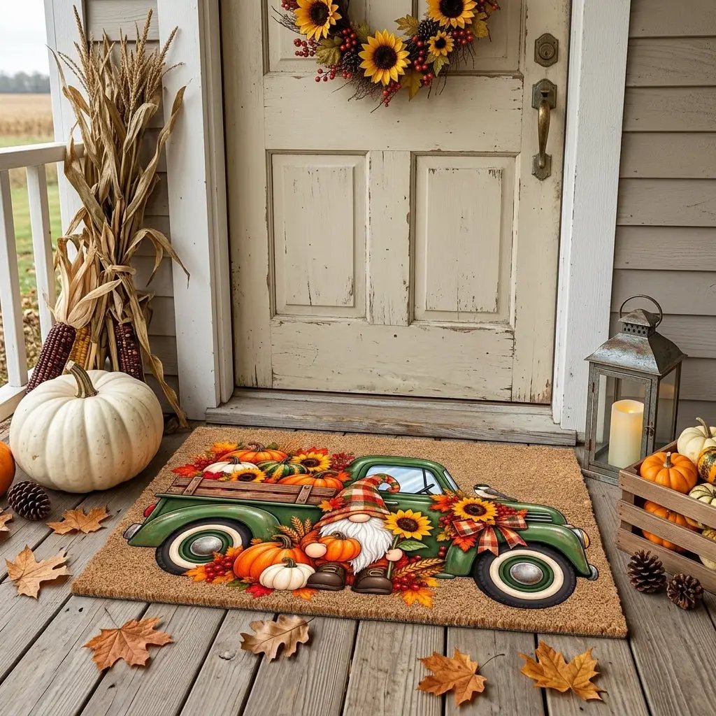 Fall Gnome Doormat, Vintage Green Truck Welcome Mat, Autumn Pumpkin Coir Doormat, Farmhouse Fall Porch Decor, Harvest Door Mat