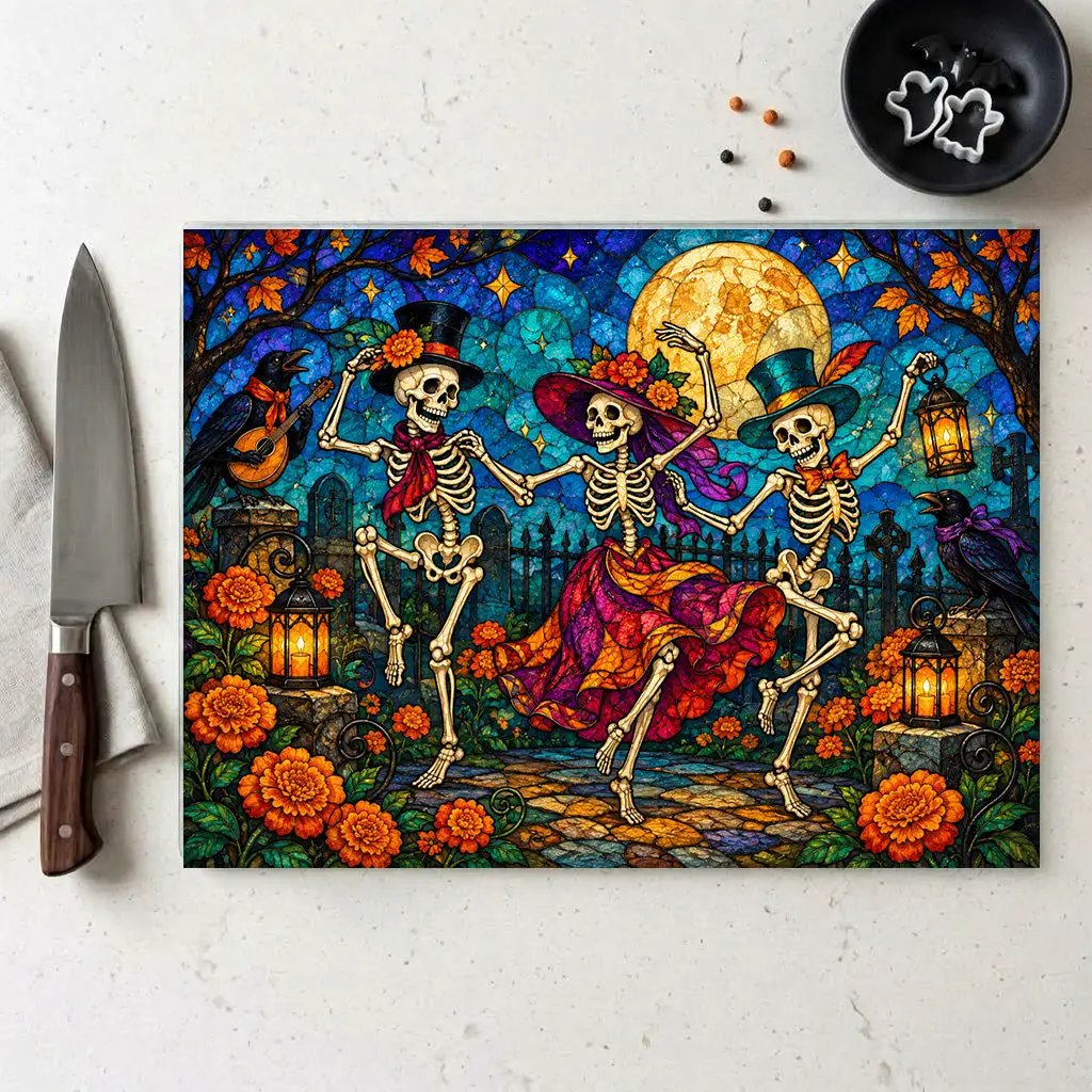 Halloween Dancing Skeletons Personalized Glass Cutting Board, Spooky Pumpkin Kitchen Decor