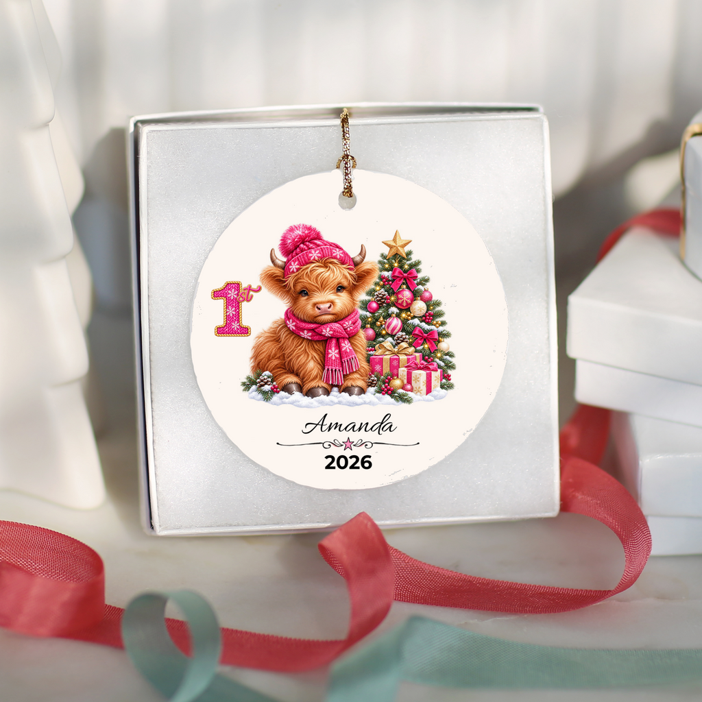 Personalized Christmas Ornament – Pink or Blue Highland Cow First, Second, Third Christmas 2026, Custom Name Keepsake, 3 Inch Ceramic Holiday Decor