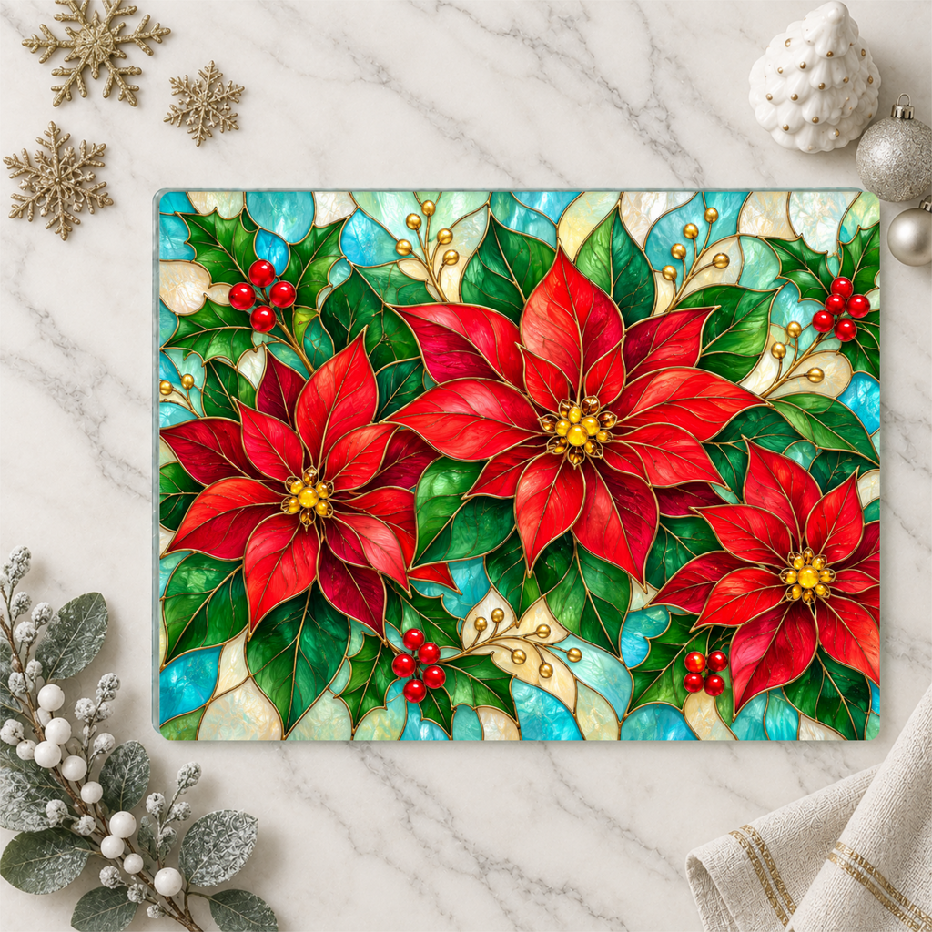 Christmas Poinsettia Glass Cutting Board, Holiday Holly Berry Kitchen Decor, Festive Red Floral Chopping Board, Seasonal Gift Idea