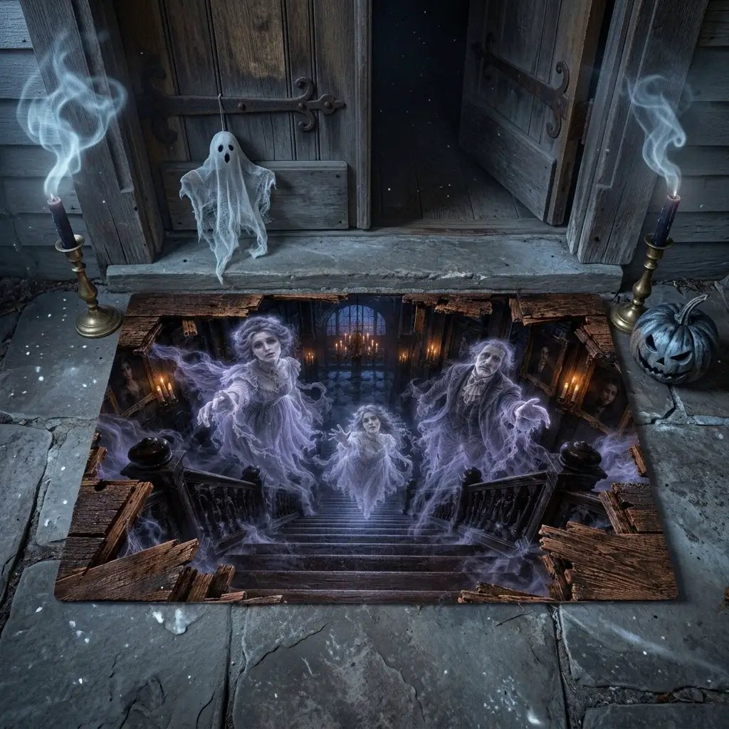 Victorian Ghost 3D Optical Illusion Doormat, Haunted Staircase Floor Mat, Gothic Haunted House Door Mat, Halloween Decor