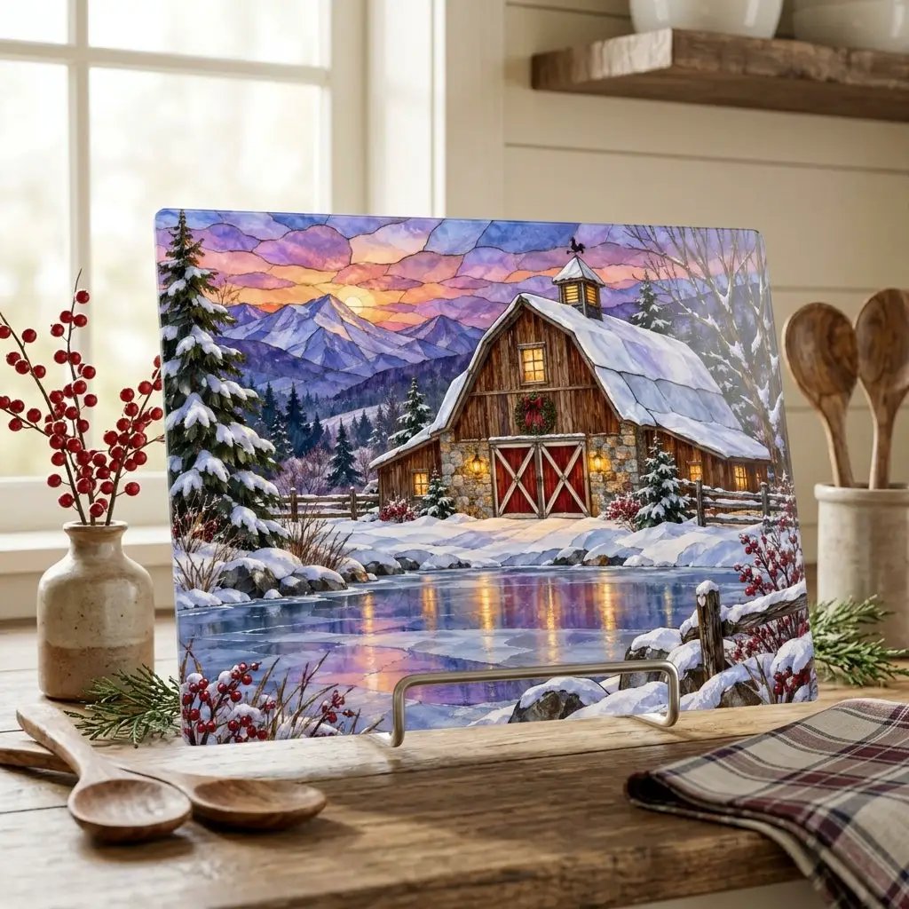 Evergreen Winter Barn Glass Cutting Board, Country Farmhouse Kitchen Decor, Snowy Mountain Barn Christmas Gift
