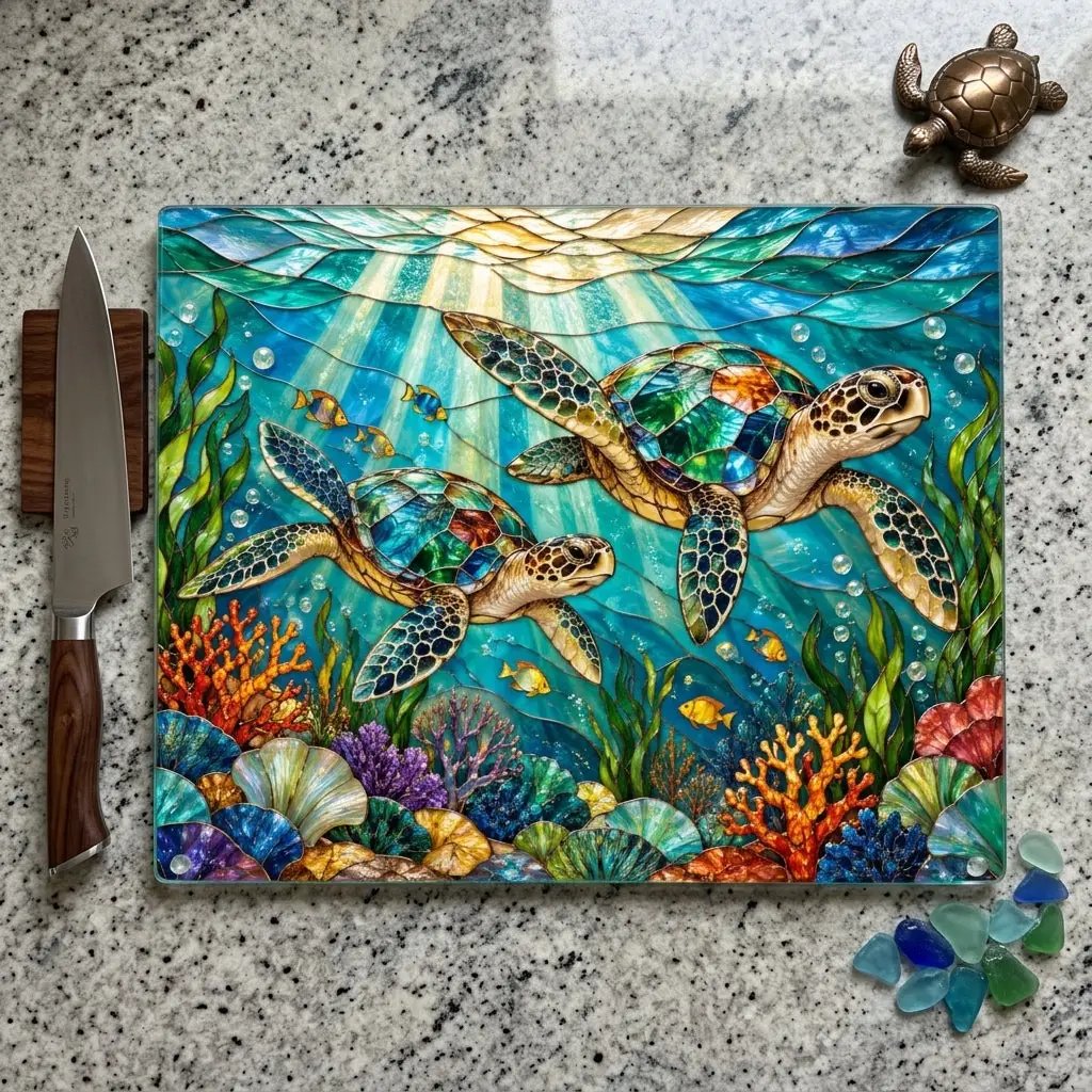 Sea Turtle Cutting Board, Ocean Kitchen Decor, Marine Life Glass Chopping Board, Coastal Sea Turtle Gift, Coral Reef Kitchen Art Piece
