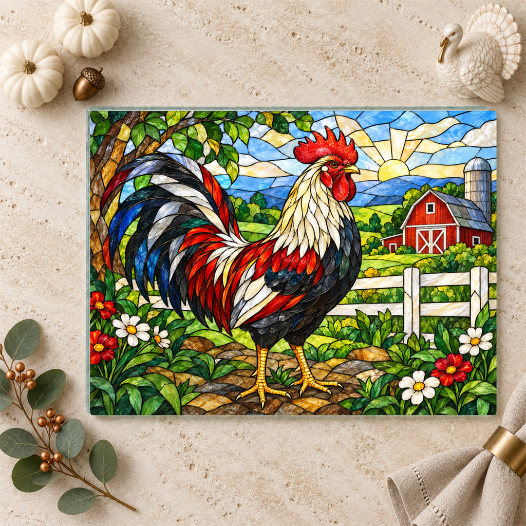 Rooster Glass Cutting Board, Red Barn Farmhouse Kitchen Decor, Country Rooster Art, Stained Glass Farm Decor, Rustic Kitchen Gift