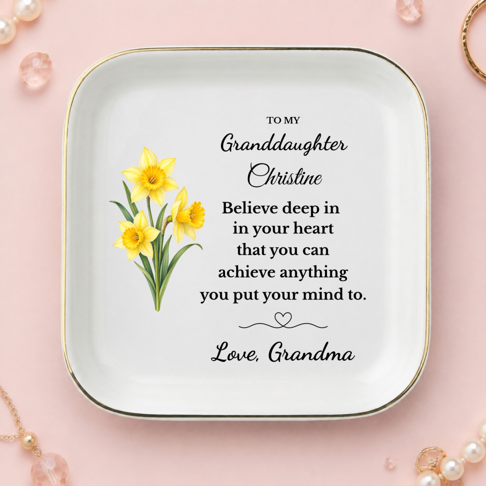 Personalized Daughter/ Granddaughter Jewelry Dish, Birth Flower Trinket Tray, Custom Name Inspirational Ceramic Ring Dish