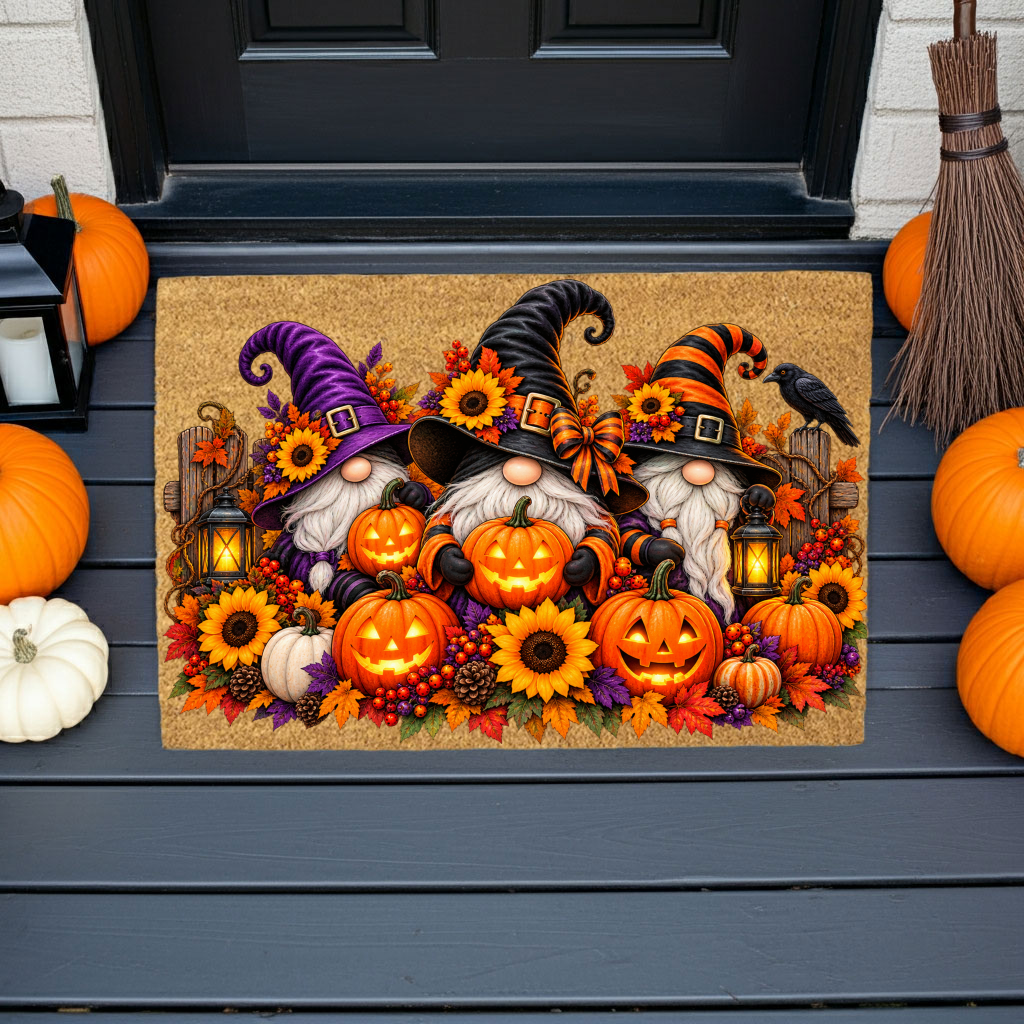 Halloween Gnome Doormat, Witch Gnomes & Pumpkins Coir Mat, Cute Spooky Fall Welcome Mat, Halloween Porch Decor, Autumn Door Mat