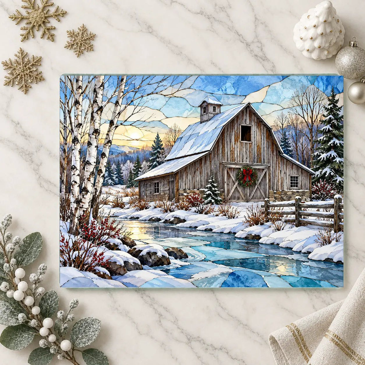 Country Winter Barn Glass Cutting Board, Snowy Farmhouse Kitchen Decor, Rustic Christmas Gift, Winter Barn Kitchen Board