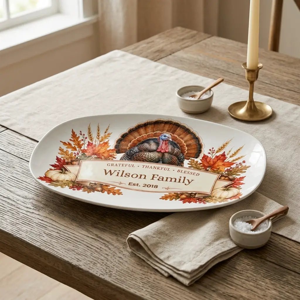 Personalized Thanksgiving Platter with Turkey, Custom Family Name Serving Platter, Grateful Thankful Blessed, Thanksgiving Hostess Gift