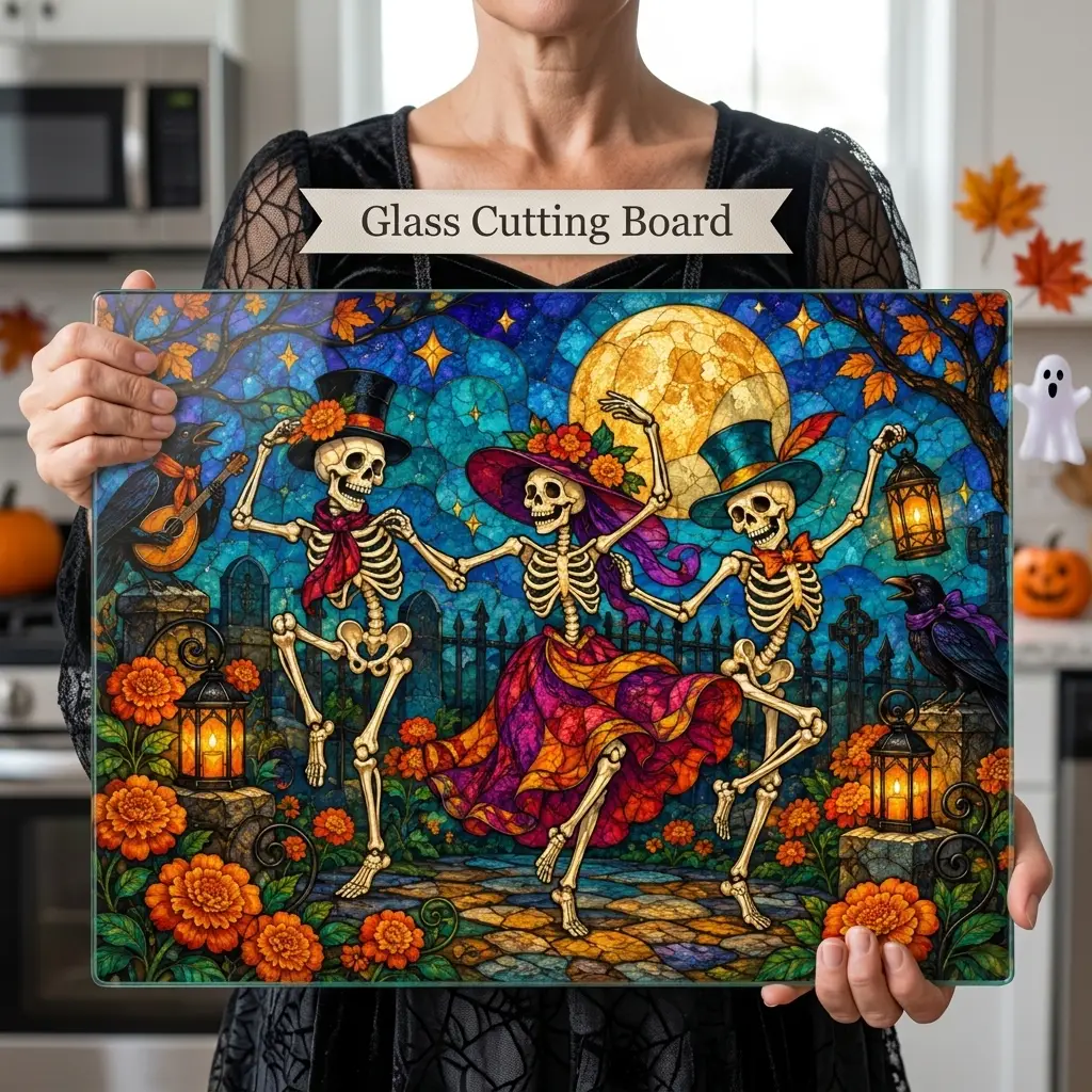 Halloween Dancing Skeletons Personalized Glass Cutting Board, Spooky Pumpkin Kitchen Decor
