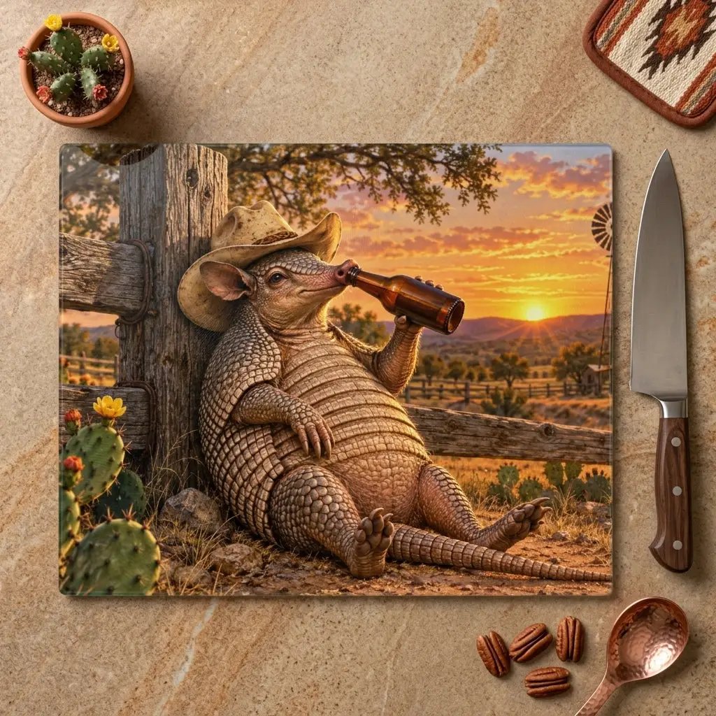 Funny Armadillo Glass Cutting Board, Texas Kitchen Decor, Cowboy Armadillo Gift, Western Kitchen Decor, Funny Texas Housewarming Gift