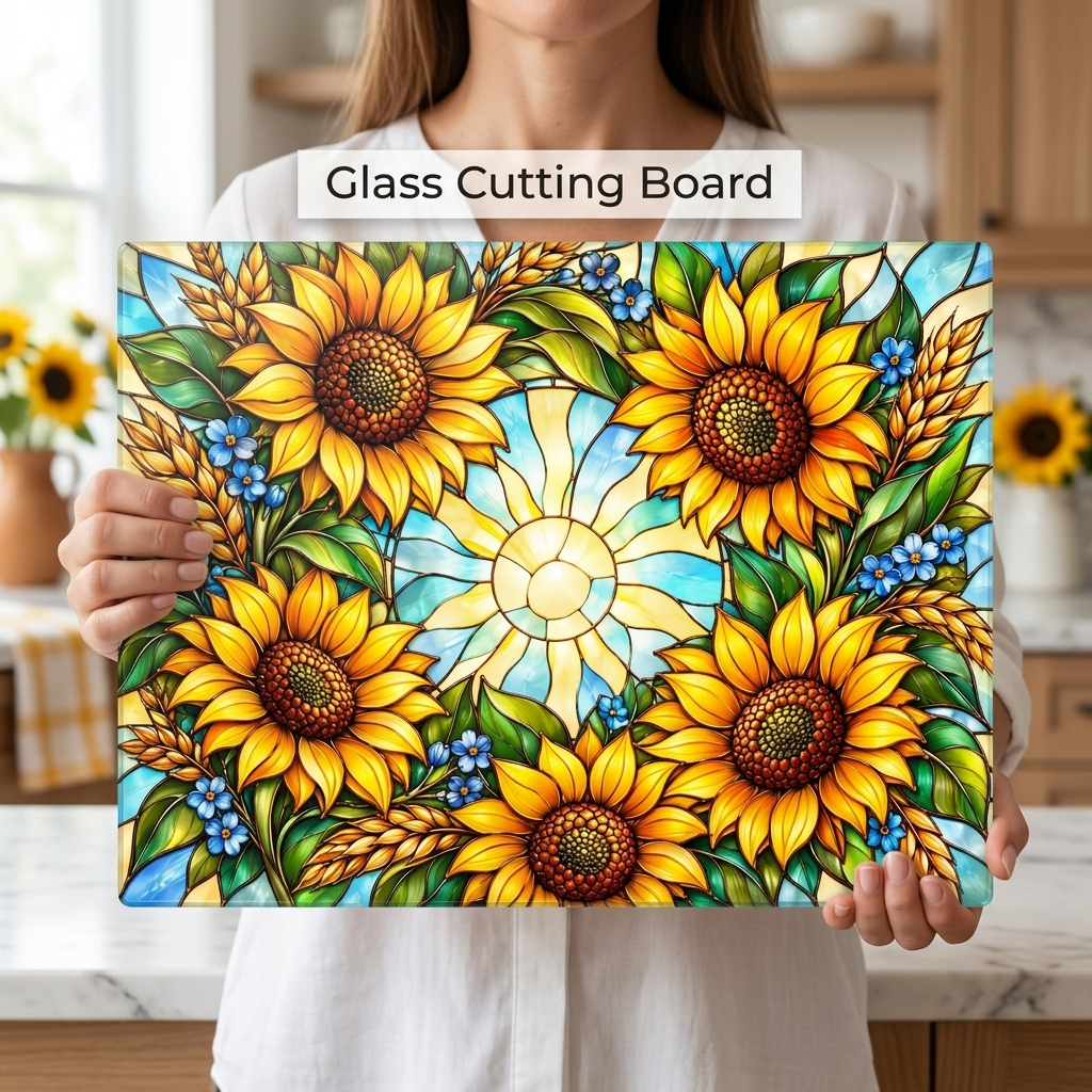 Sunflower Glass Cutting Board, Stained Glass Sunflower Wreath, Floral Kitchen Decor, Yellow Flower Gift, Cheerful Kitchen Art