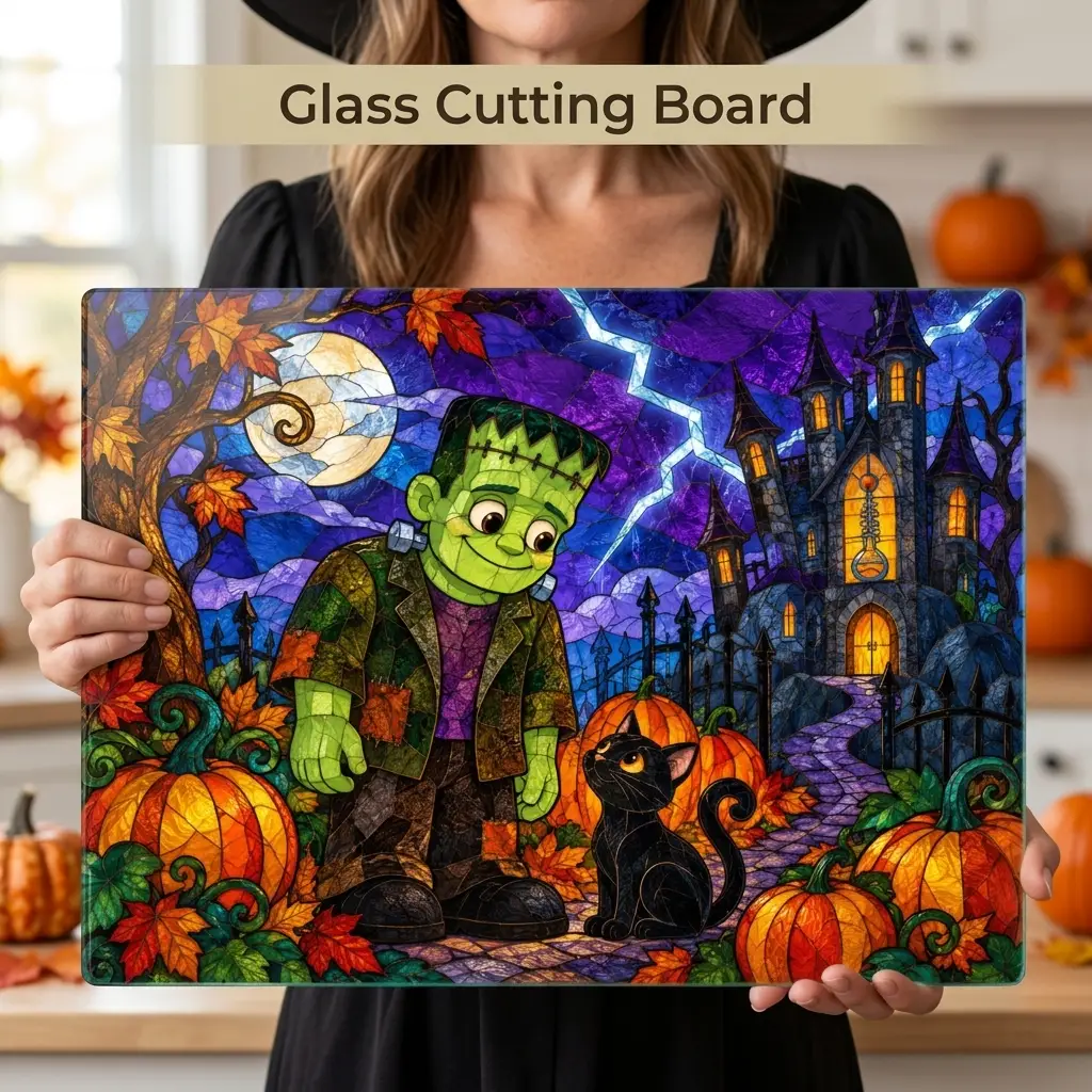 Halloween Monster Personalized Glass Cutting Board, Frankenstein Inspired Kitchen Decor