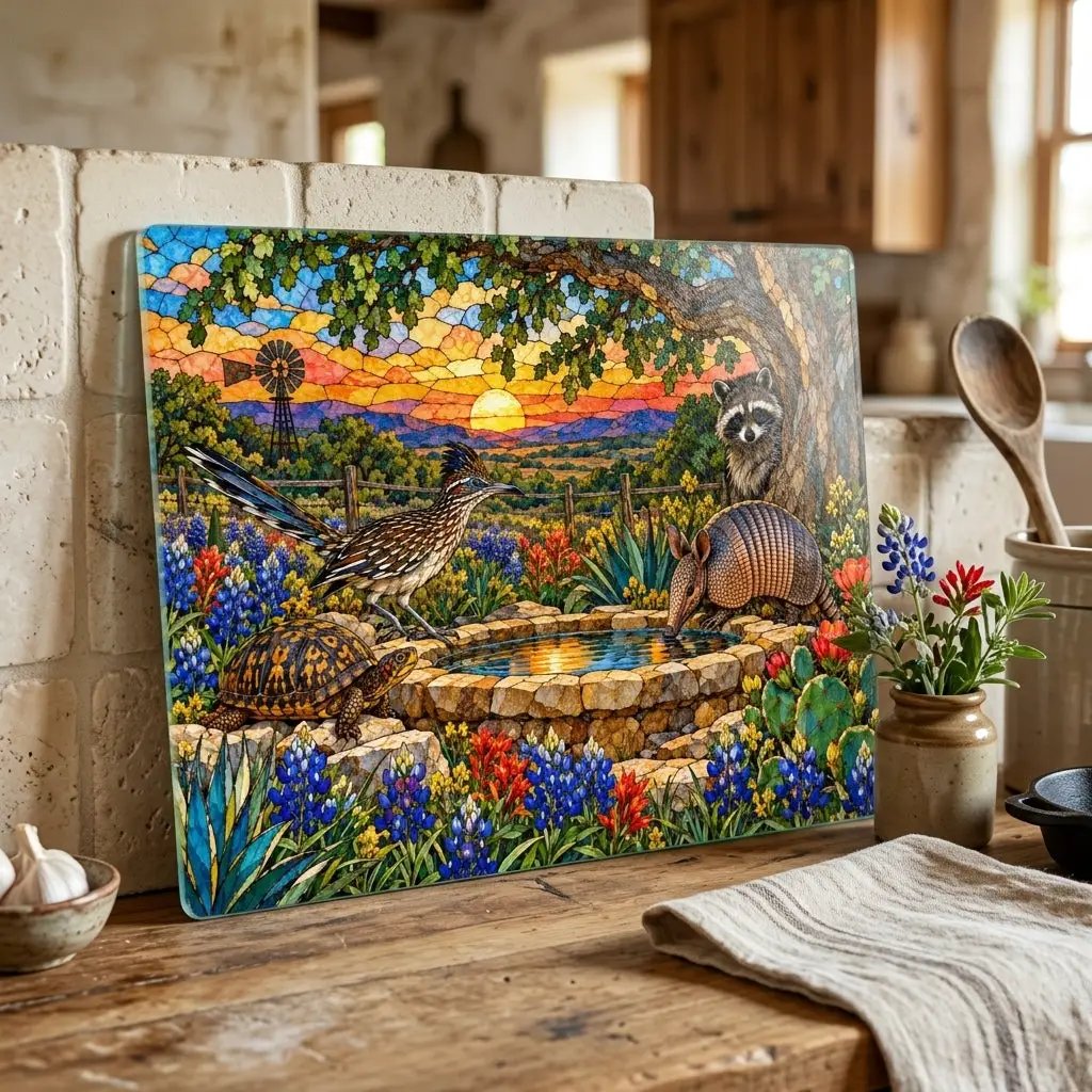 Texas Wildlife Glass Cutting Board, Roadrunner Armadillo Raccoon Bluebonnet Kitchen Decor, Waterhole Texas Gift, Colorful Southwest Art