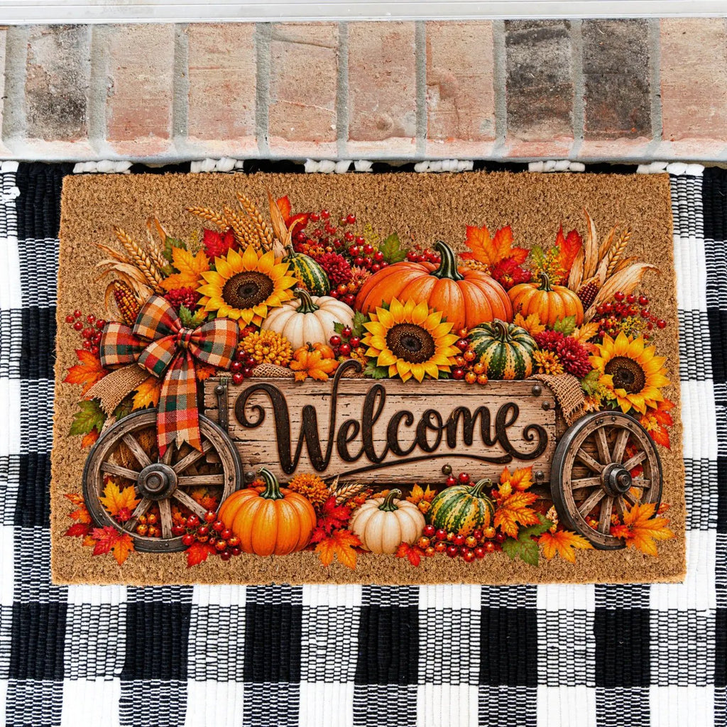 Harvest Wagon Welcome Doormat, Fall Coir Door Mat, Pumpkin Sunflower Welcome Mat, Autumn Farmhouse Porch Decor, Thanksgiving Doormat