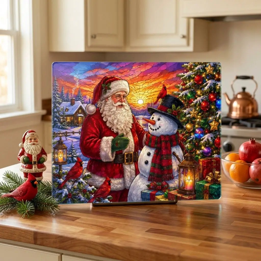 Santa and Snowman Glass Cutting Board, Christmas Kitchen Decor, Cardinal Holiday Gift, Stained Glass Christmas Serving Board, Santa Decor