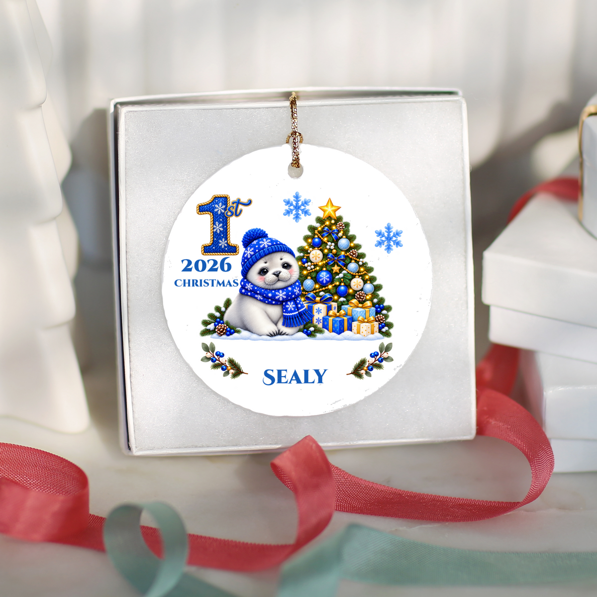 Seal Pup Personalized Baby's 1st 2nd 3rd Christmas Ceramic Keepsake Ornament, Custom Name Year, Boy Gift