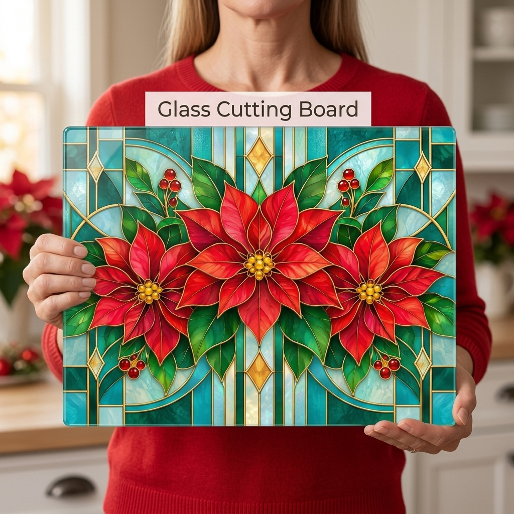 Christmas Poinsettia Glass Cutting Board, Stained Glass Floral Kitchen Decor, Holiday Serving Board, Festive Cooking Gift for Home Chefs