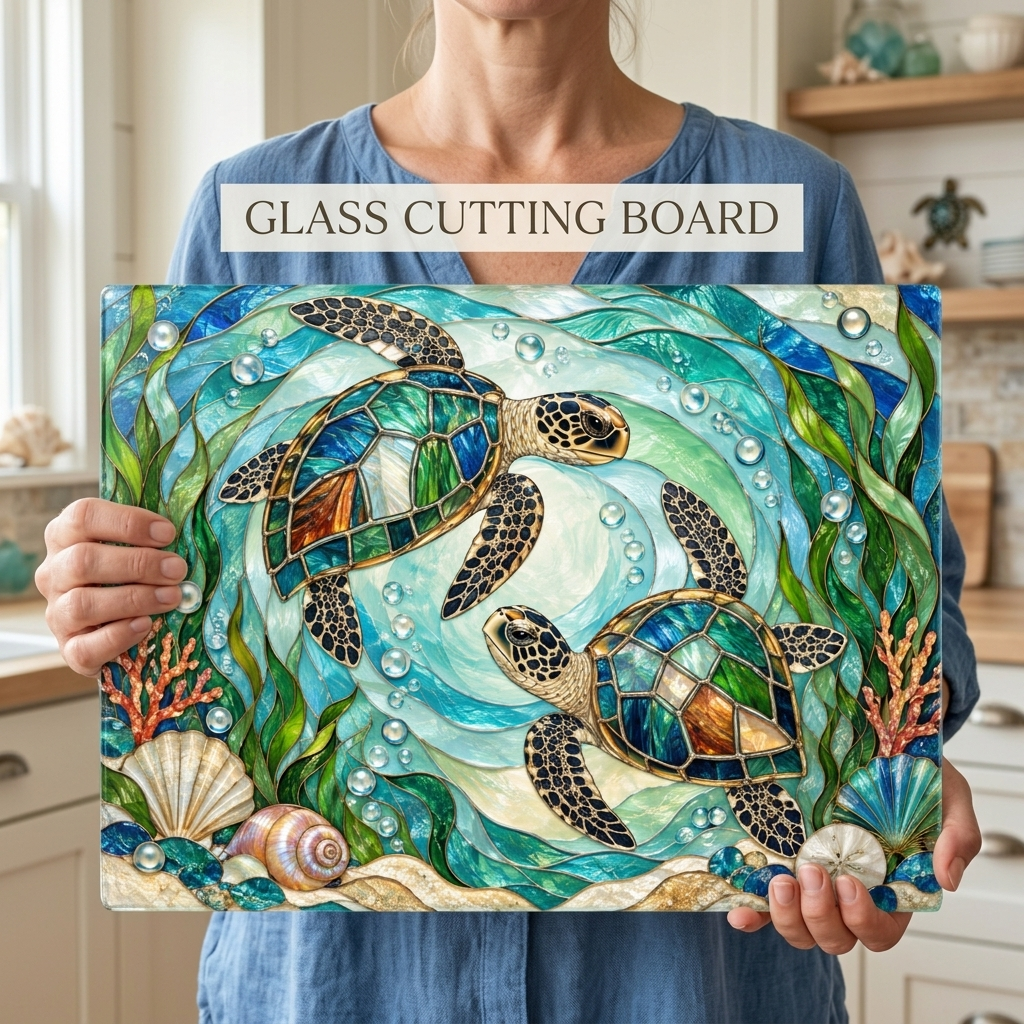 Sea Turtle Glass Cutting Board, Ocean Kitchen Decor, Coastal Serving Board, Marine Life Gift, Sea Lover Kitchen Accessory, Beach House