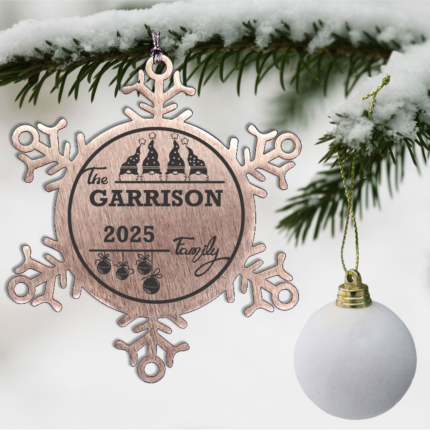 Personalized 4 Gnome Family Snowflake Ornament – Custom Stainless Steel Christmas Keepsake with Gift Bag – Engraved Names & Dates Holiday Decor for Family or Friends - Mallard Moon
