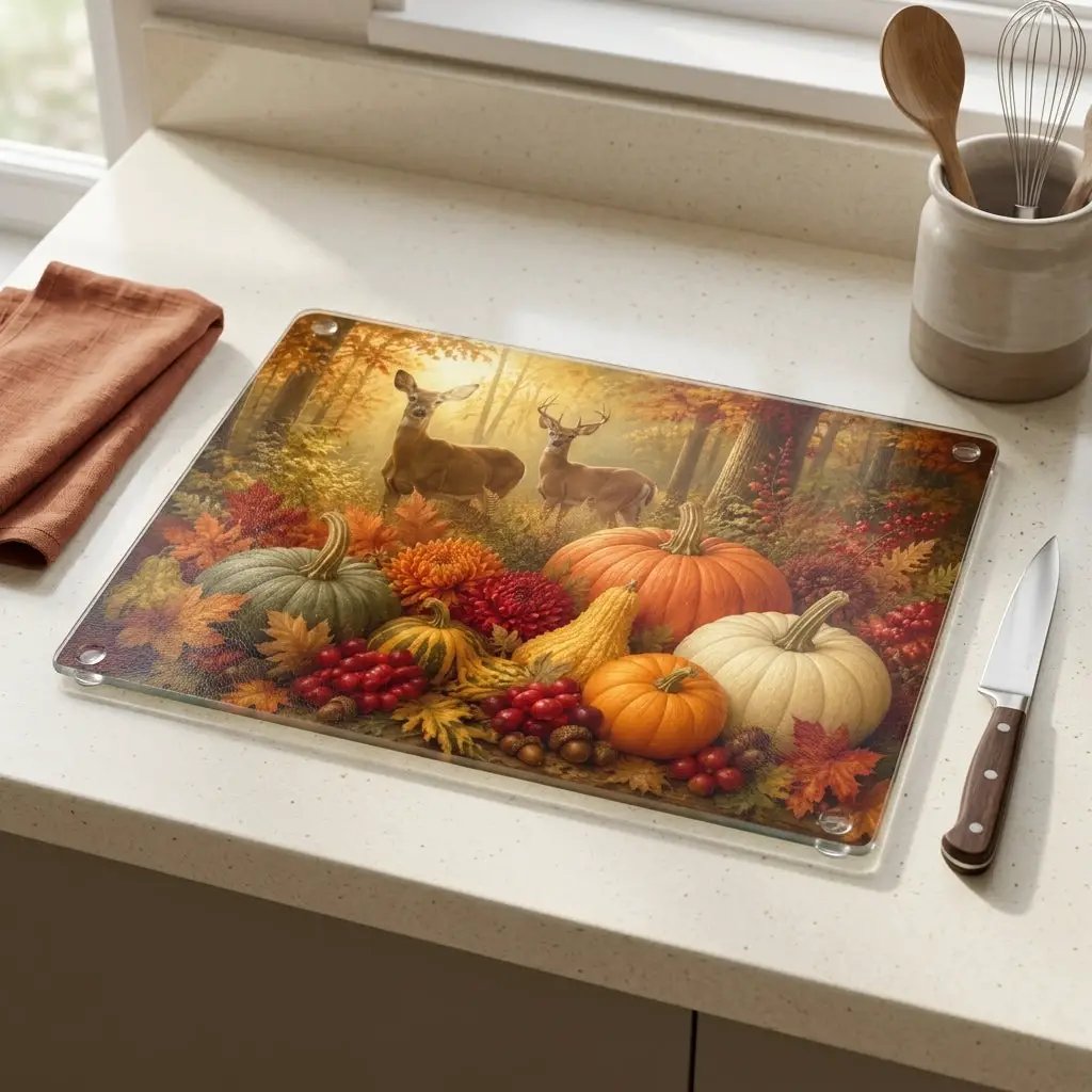 Deer Glass Cutting Board, Woodland Fall Kitchen Decor, Pumpkin Harvest Cutting Board, Rustic Autumn Gift