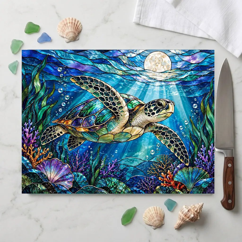 Sea Turtle Cutting Board, Ocean Kitchen Decor, Underwater Sea Life Chopping Board, Moonlit Marine Animal Gift, Coastal Kitchen Accent