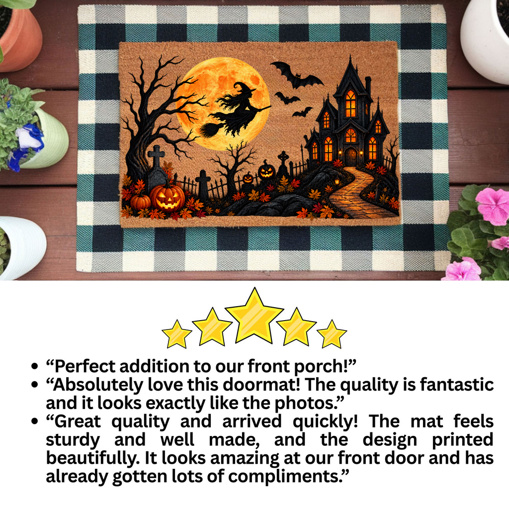 Halloween Witch Doormat, Haunted House Coir Welcome Mat, Spooky Graveyard Porch Decor, Full Moon Halloween Door Mat, Fall Entryway Decor