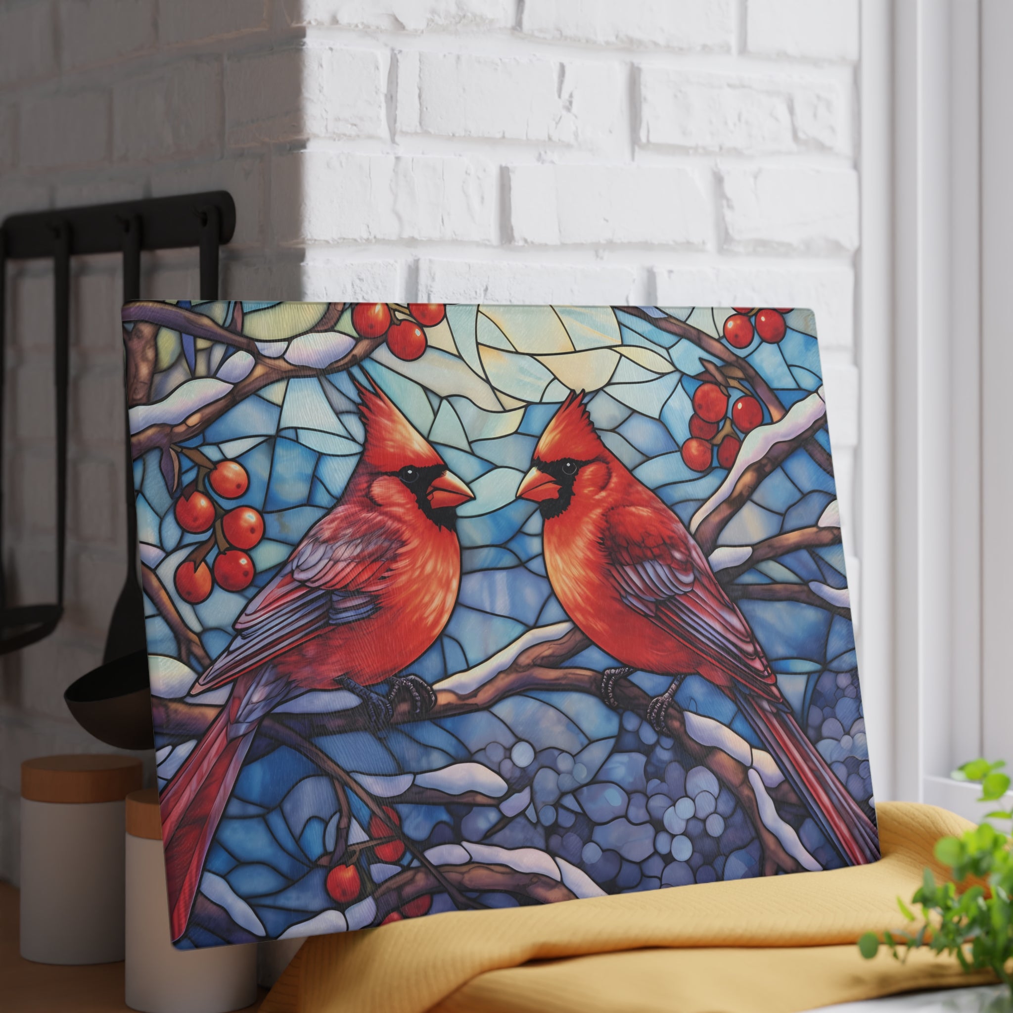 Cardinal Stained-Glass Glass Cutting Board — Decorative Holiday Kitchen Trivet