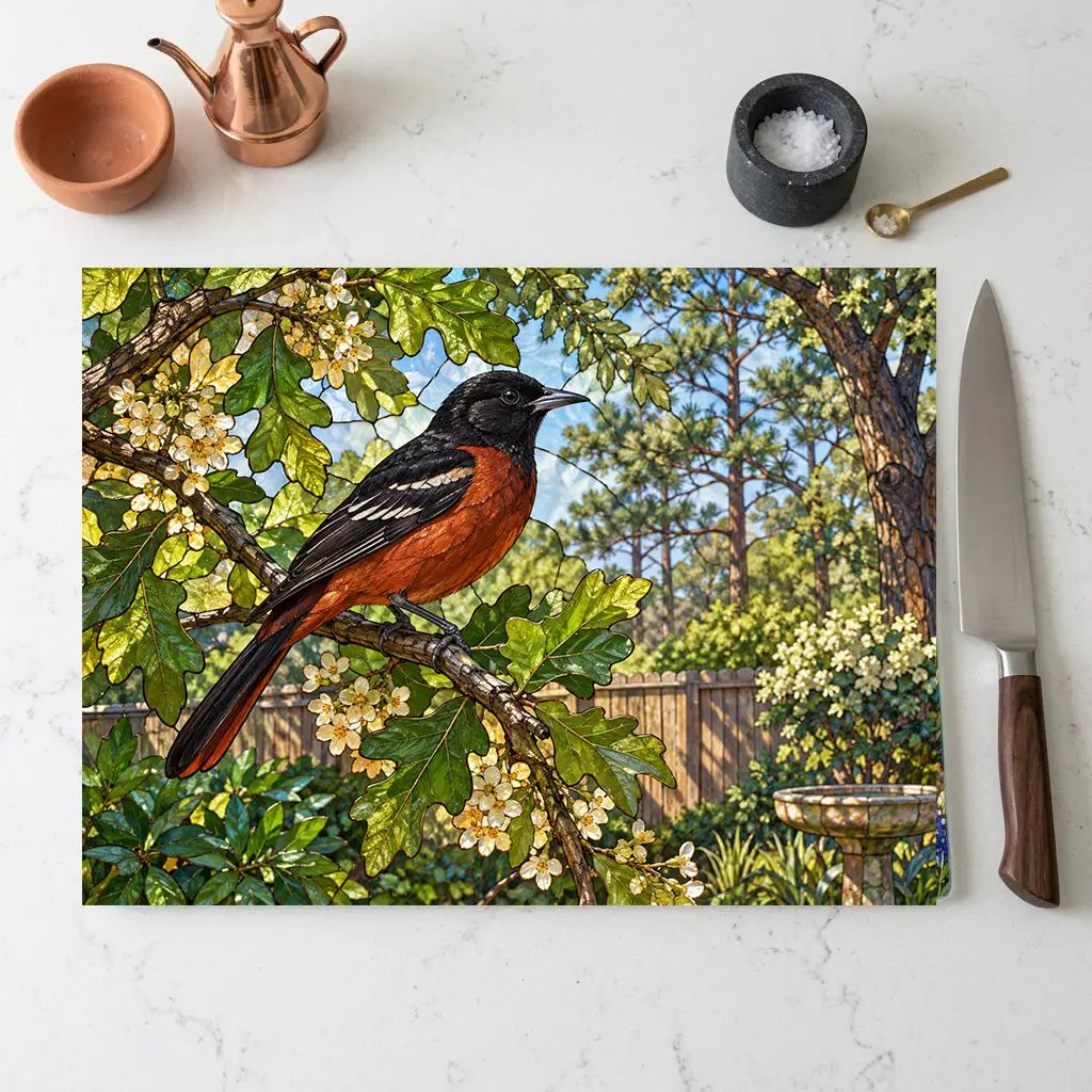 Orchard Oriole Glass Cutting Board, Backyard Bird Kitchen Decor, Oriole Bird Lover Gift, Nature Serving Board, Birdwatcher Gift