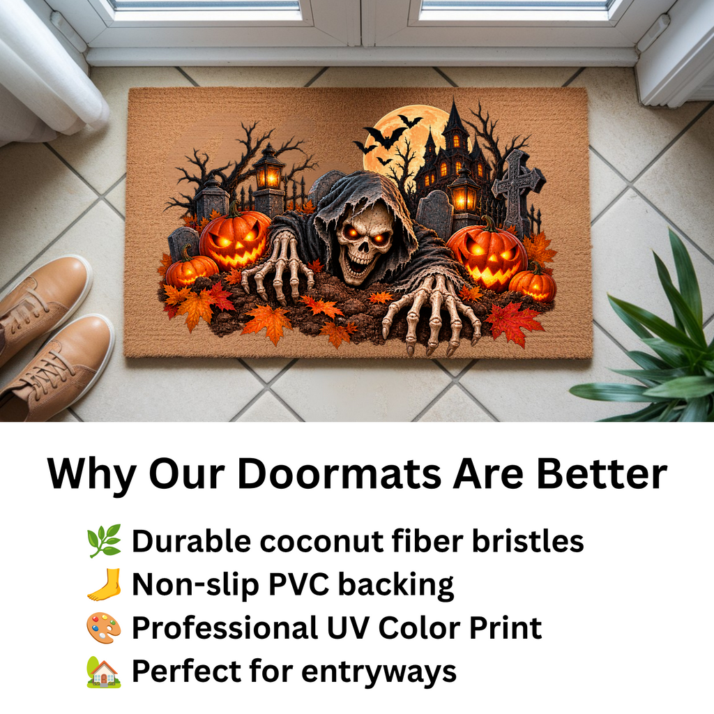 Creepy Skeleton Doormat, Grim Reaper Halloween Coir Mat, Scary Jack O Lantern Welcome Mat, Haunted House Spooky Porch Decor