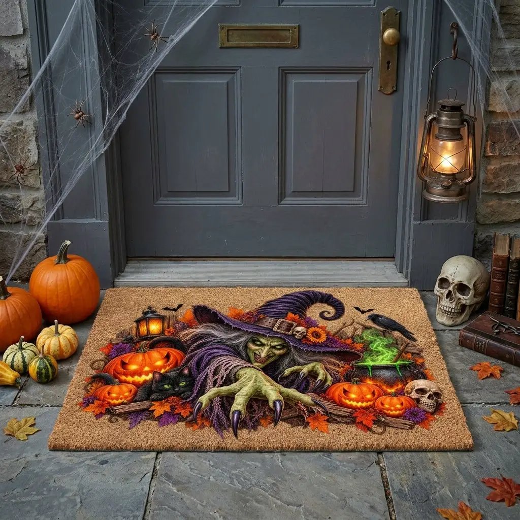 Horror Witch Doormat, Scary Halloween Coir Mat, Creepy Witch & Black Cat Welcome Mat, Pumpkin Porch Decor, Haunted House Door Mat