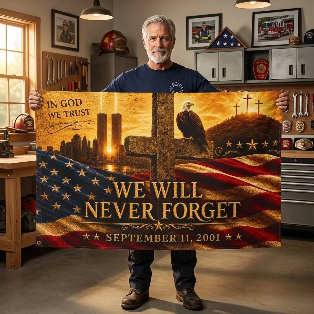 We Will Never Forget Flag, In God We Trust, Double Sided American Flag with Grommets,9/11 Christian Memorial Flag