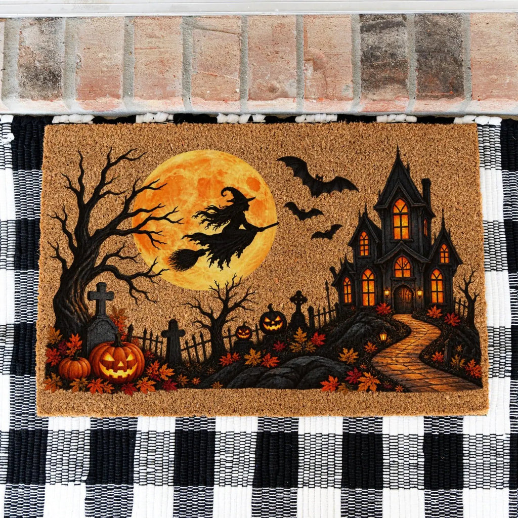 Halloween Witch Doormat, Haunted House Coir Welcome Mat, Spooky Graveyard Porch Decor, Full Moon Halloween Door Mat, Fall Entryway Decor