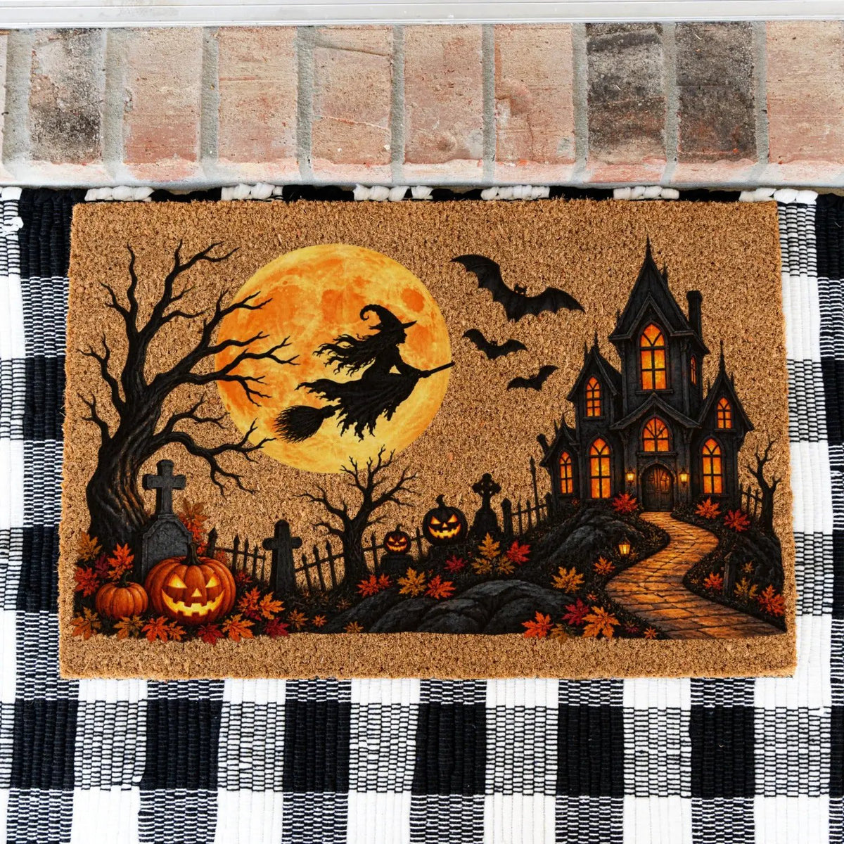 Halloween Witch Doormat, Haunted House Coir Welcome Mat, Spooky Graveyard Porch Decor, Full Moon Halloween Door Mat, Fall Entryway Decor
