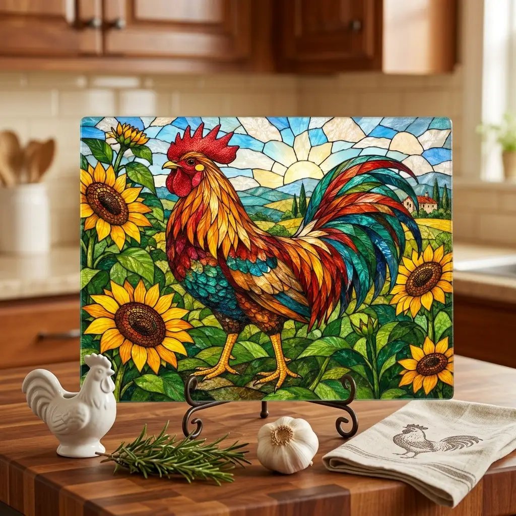 Rooster Glass Cutting Board, Sunflower Kitchen Decor, Colorful Farmhouse Rooster Art, Country Kitchen Gift, Stained Glass Farm Decor