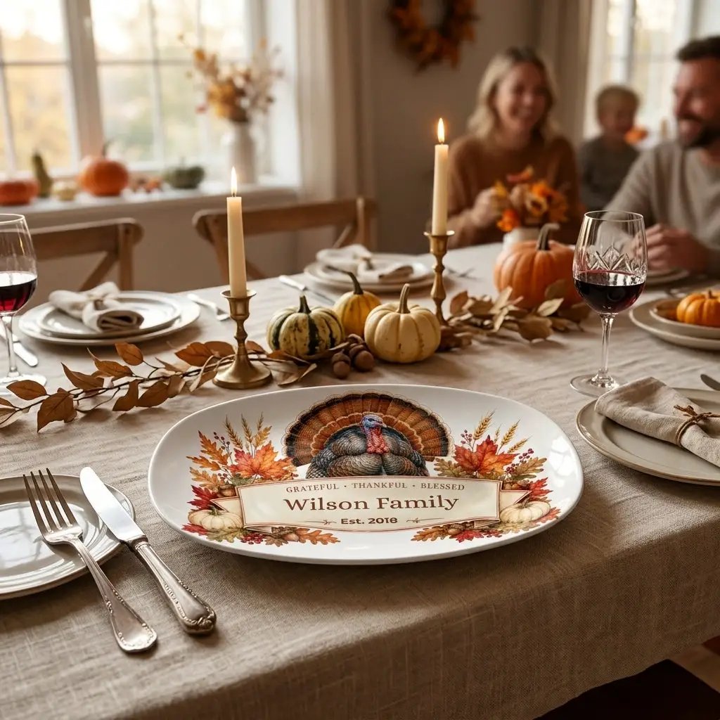 Personalized Thanksgiving Platter with Turkey, Custom Family Name Serving Platter, Grateful Thankful Blessed, Thanksgiving Hostess Gift
