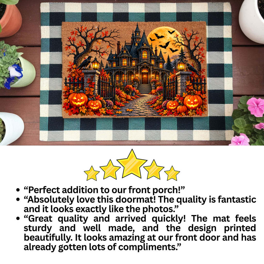 Spooky Mansion Doormat, Haunted House Halloween Welcome Mat, Raven & Pumpkin Coir Doormat, Gothic Fall Porch Decor, Halloween Door Mat