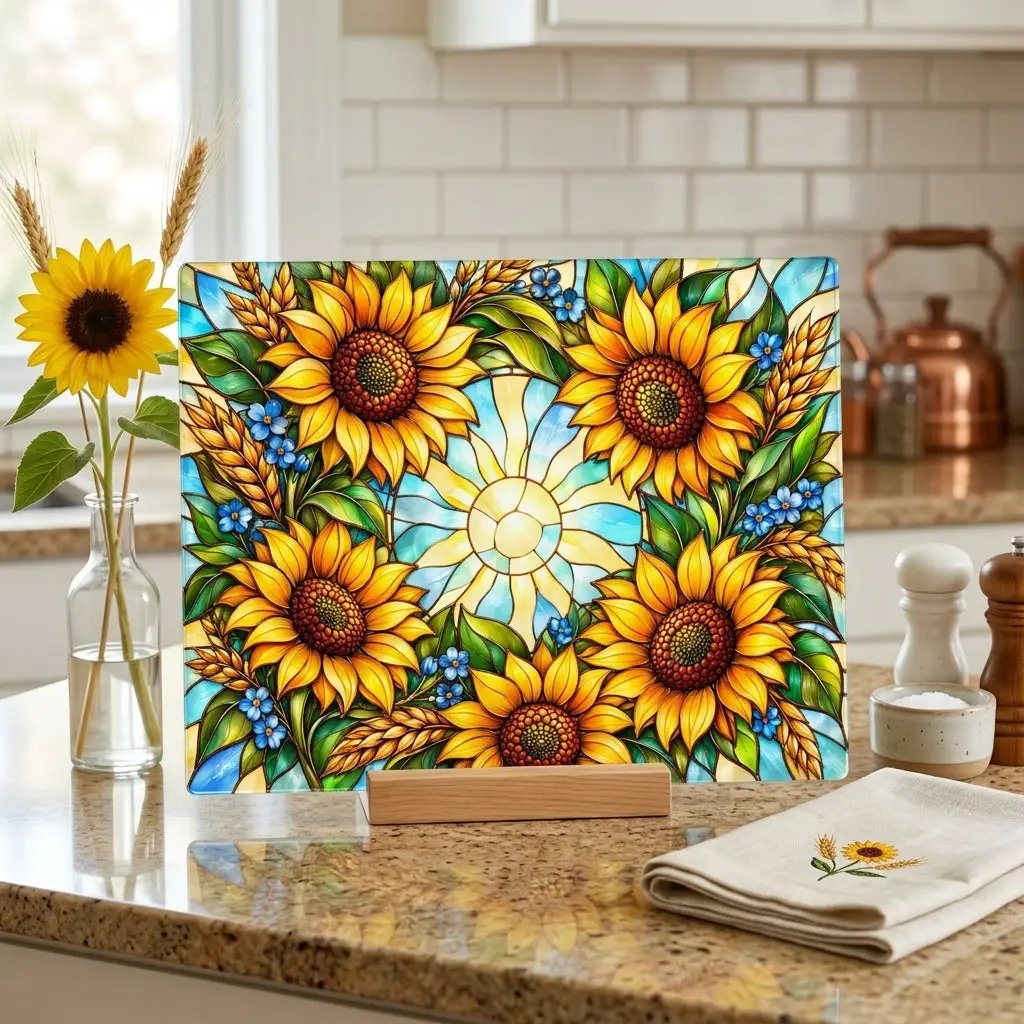 Sunflower Glass Cutting Board, Stained Glass Sunflower Wreath, Floral Kitchen Decor, Yellow Flower Gift, Cheerful Kitchen Art