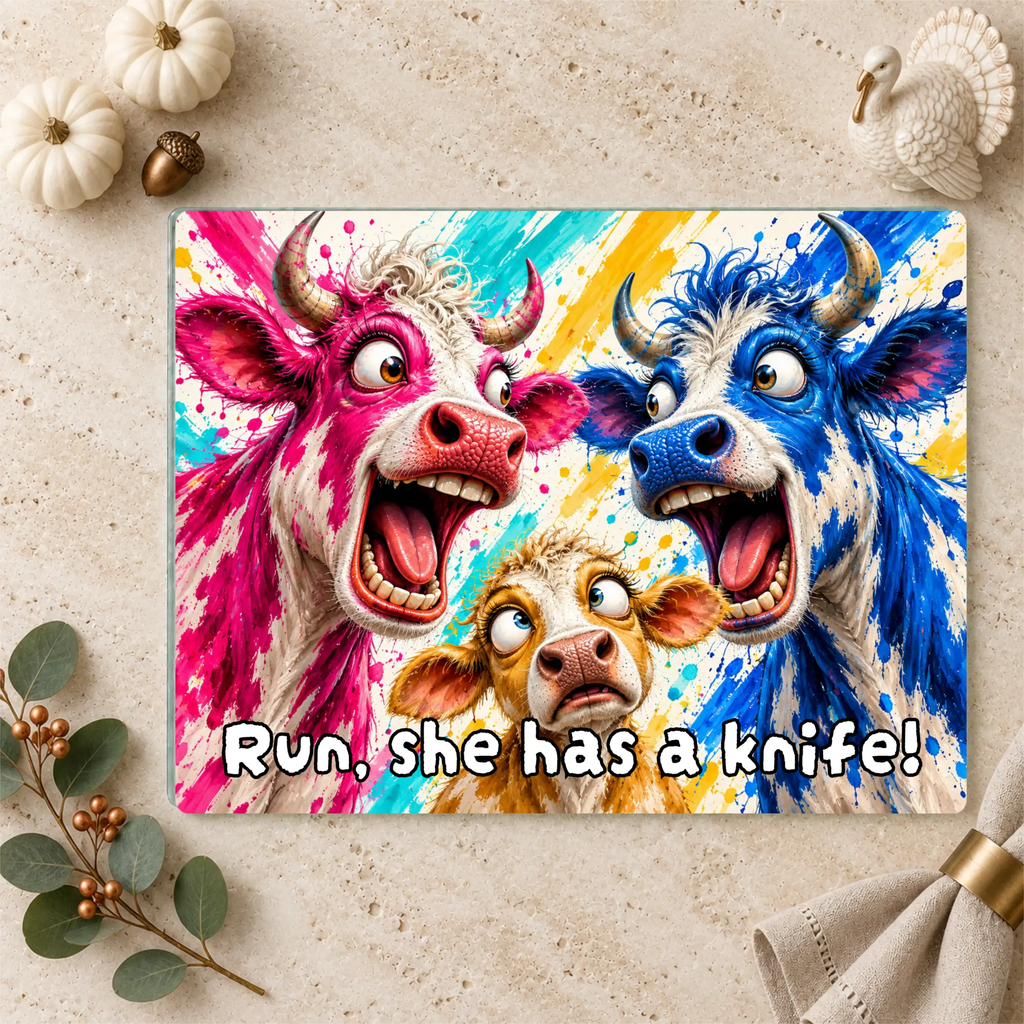 Funny Cow Family Cutting Board, Screaming Cow Kitchen Decor, Colorful Farmhouse Gift, Cow Lover Glass Cutting Board