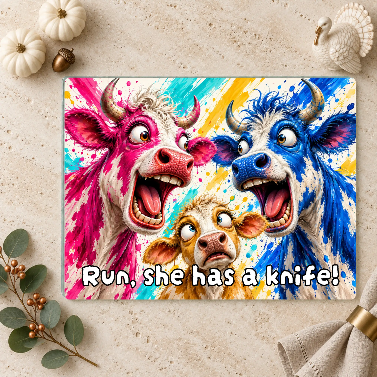 Funny Cow Family Cutting Board, Screaming Cow Kitchen Decor, Colorful Farmhouse Gift, Cow Lover Glass Cutting Board