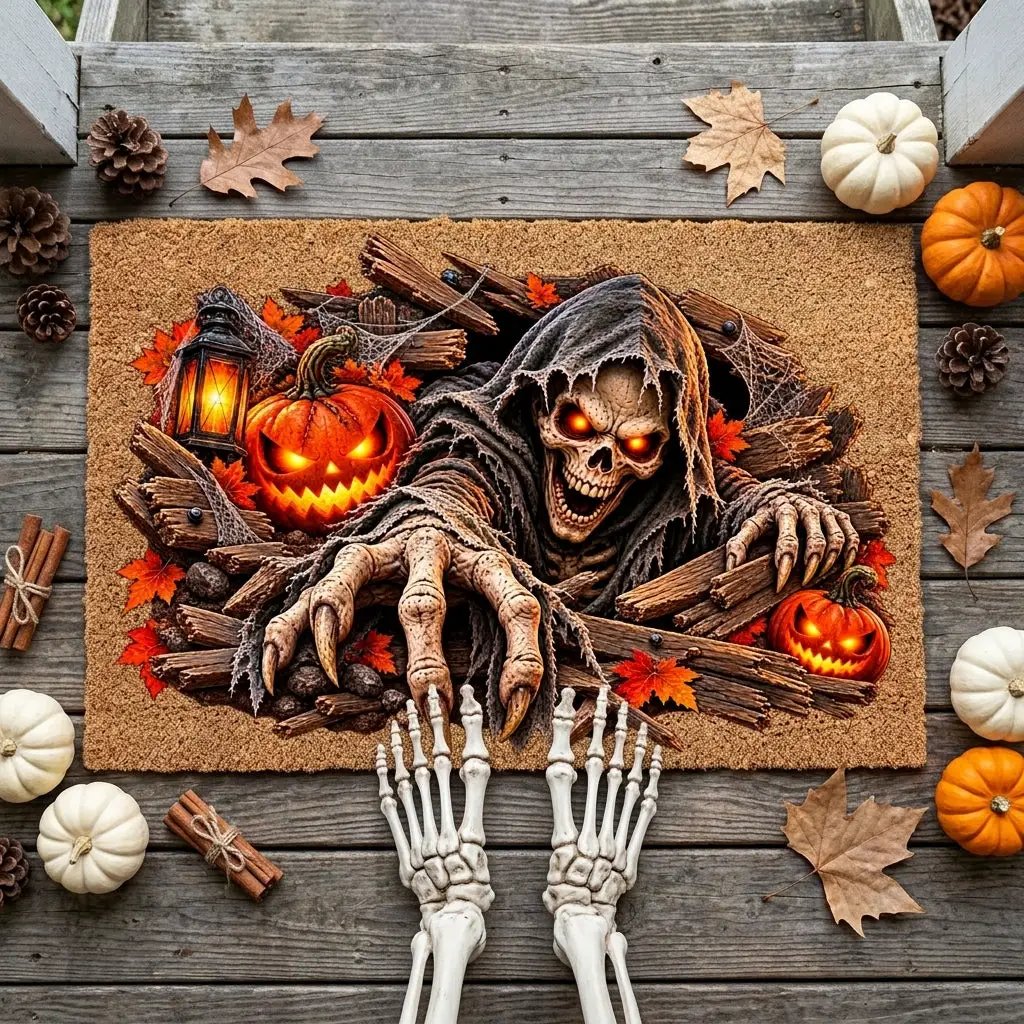 Horror Skeleton Doormat, Grim Reaper Halloween Coir Mat, Creepy Skeleton Welcome Mat, Scary Pumpkin Porch Decor, Haunted Door Mat