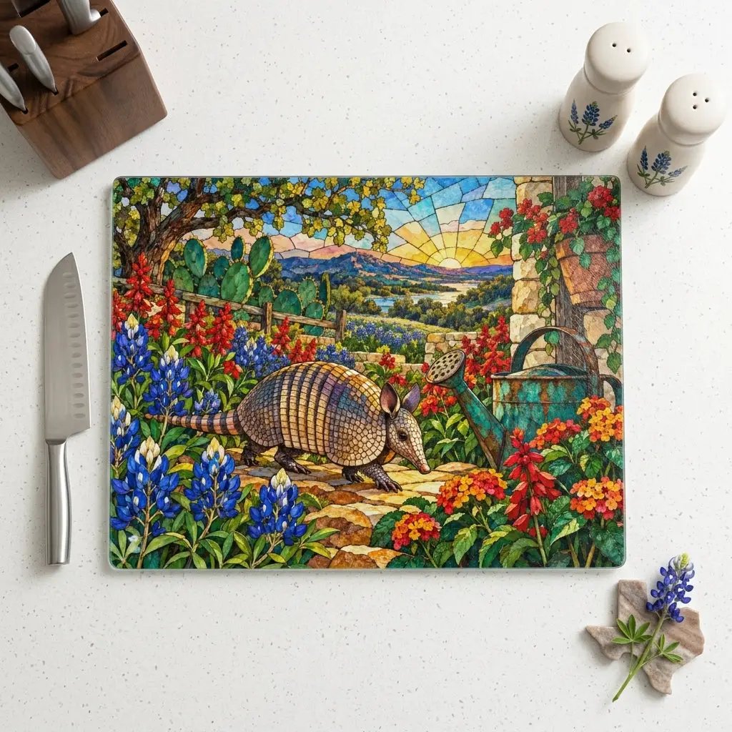 Texas Armadillo Glass Cutting Board, Stained Glass Bluebonnet Kitchen Decor, Colorful Lone Star State Gift