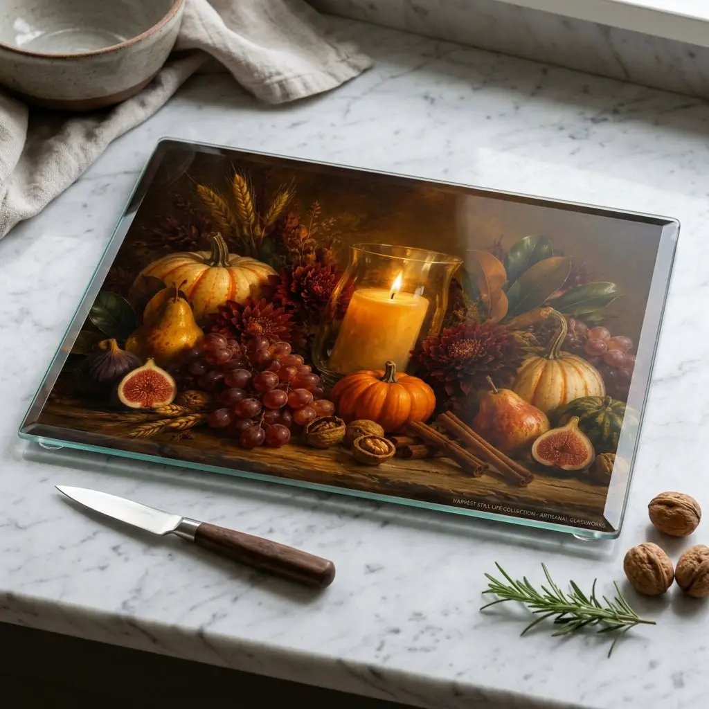 Fall Candle Glass Cutting Board, Cozy Autumn Kitchen Decor, Pumpkin Harvest Cutting Board, Thanksgiving Hostess Gift