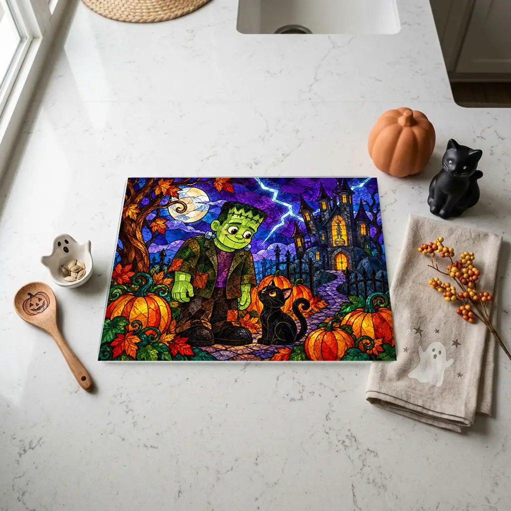 Halloween Monster Personalized Glass Cutting Board, Frankenstein Inspired Kitchen Decor