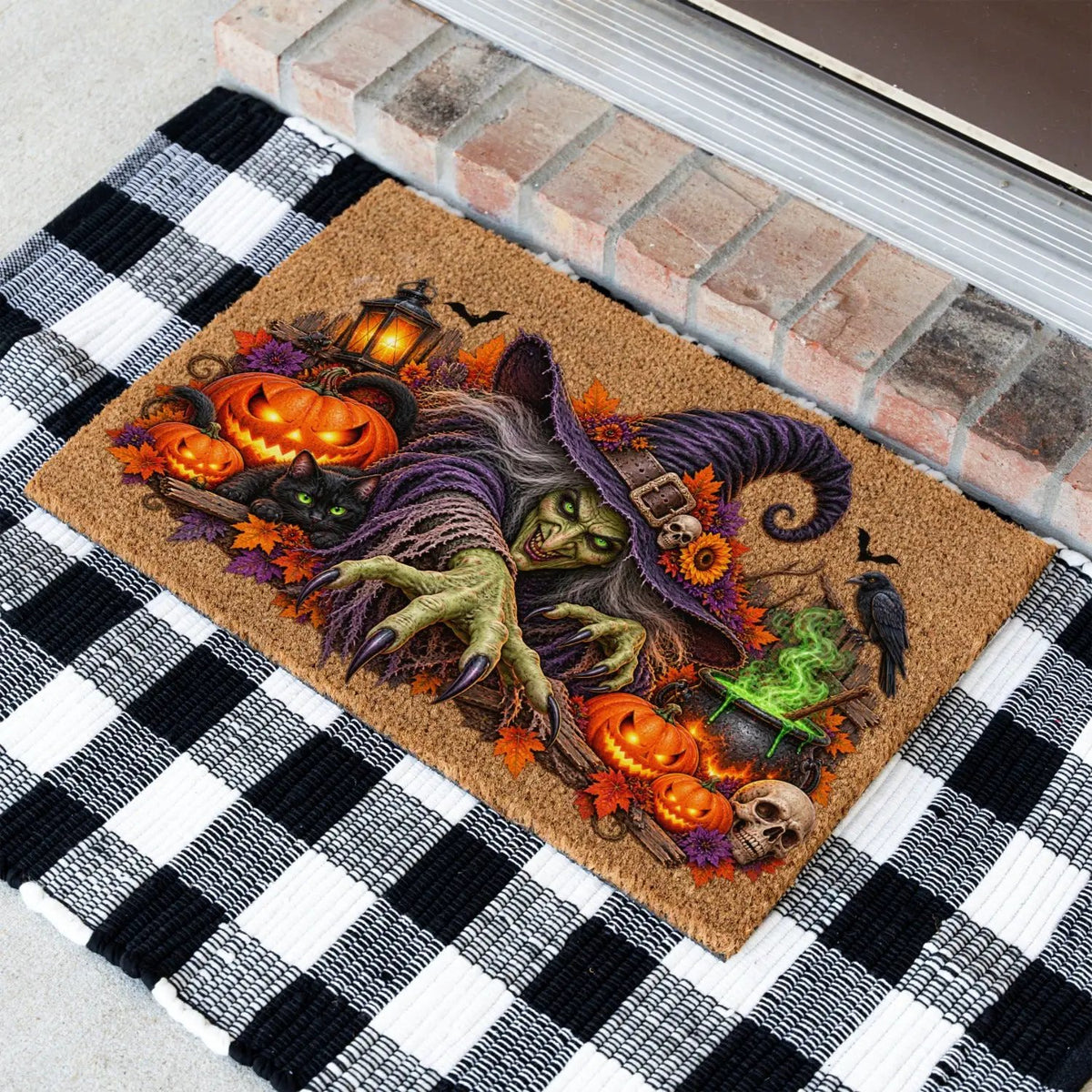 Horror Witch Doormat, Scary Halloween Coir Mat, Creepy Witch & Black Cat Welcome Mat, Pumpkin Porch Decor, Haunted House Door Mat